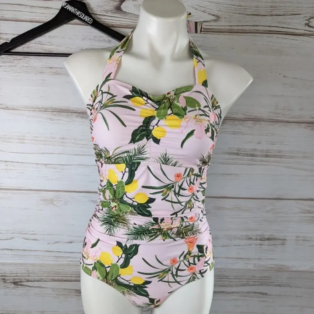 Patpat Tropical Lemon Print Pink Retro Look Halter One-piece Bathingsuit Small